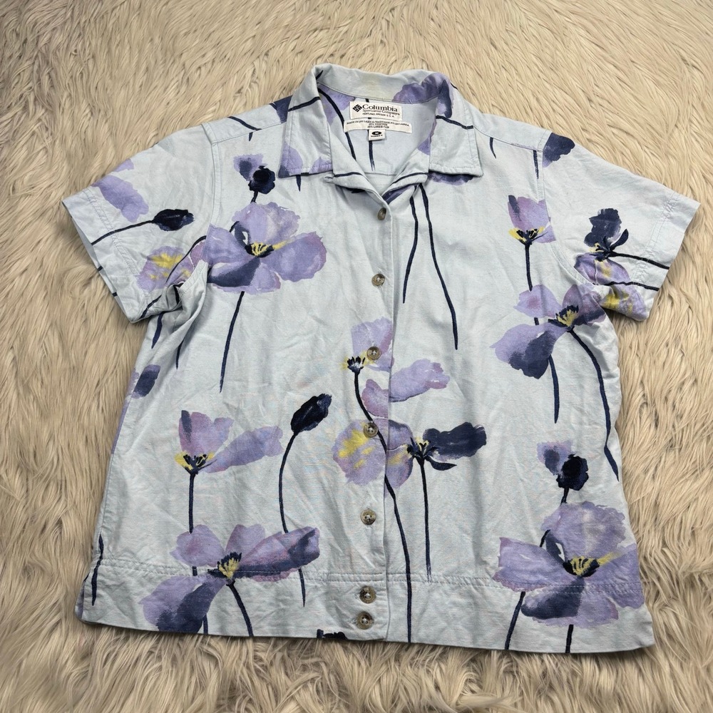 Vintage Columbia Women's M Blue Floral Button Front Camp Sure Linen Blend